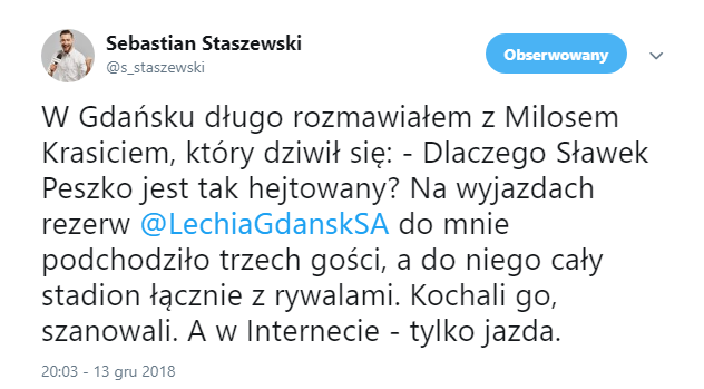 Krasić o hejtowaniu Sławomira Peszki